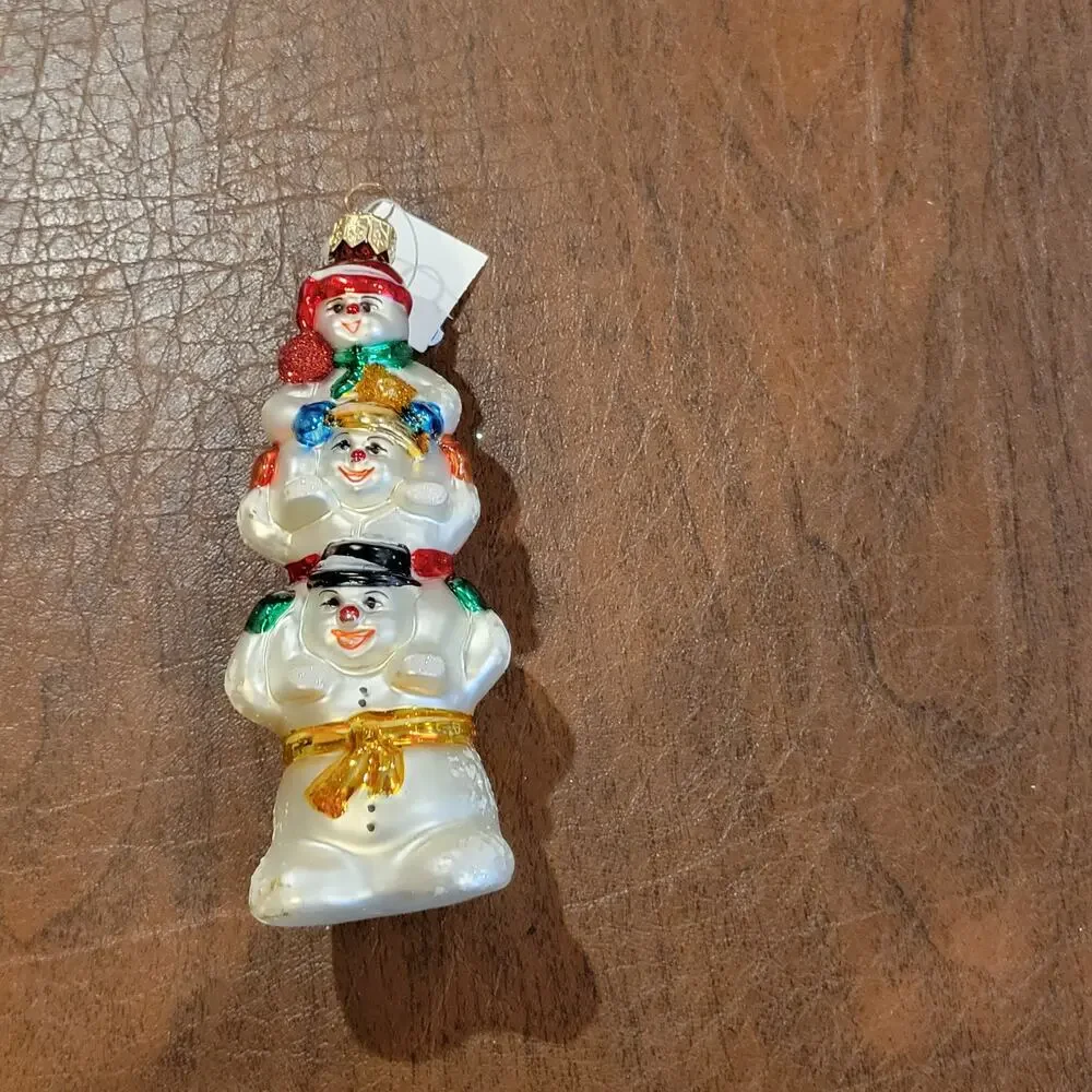Vintage Snowman Stack Totem Pole Blown Glass Christmas Ornament Made in Poland